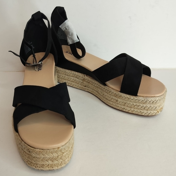 JUSTFAB Corinna Espadrille Sandals Black Suede Flat Wedges Women's 9 Ankle Strap - Picture 9 of 16